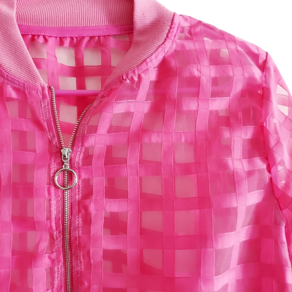 Pink Mesh Windowpane Bomber Jacket - Picture 3 of 7